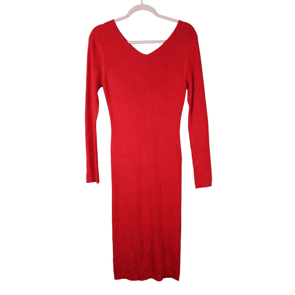 Boohoo Bodycon Sleek Cozy Glam Vibrant Red Ribbed Knit Midi Sweater Dress L